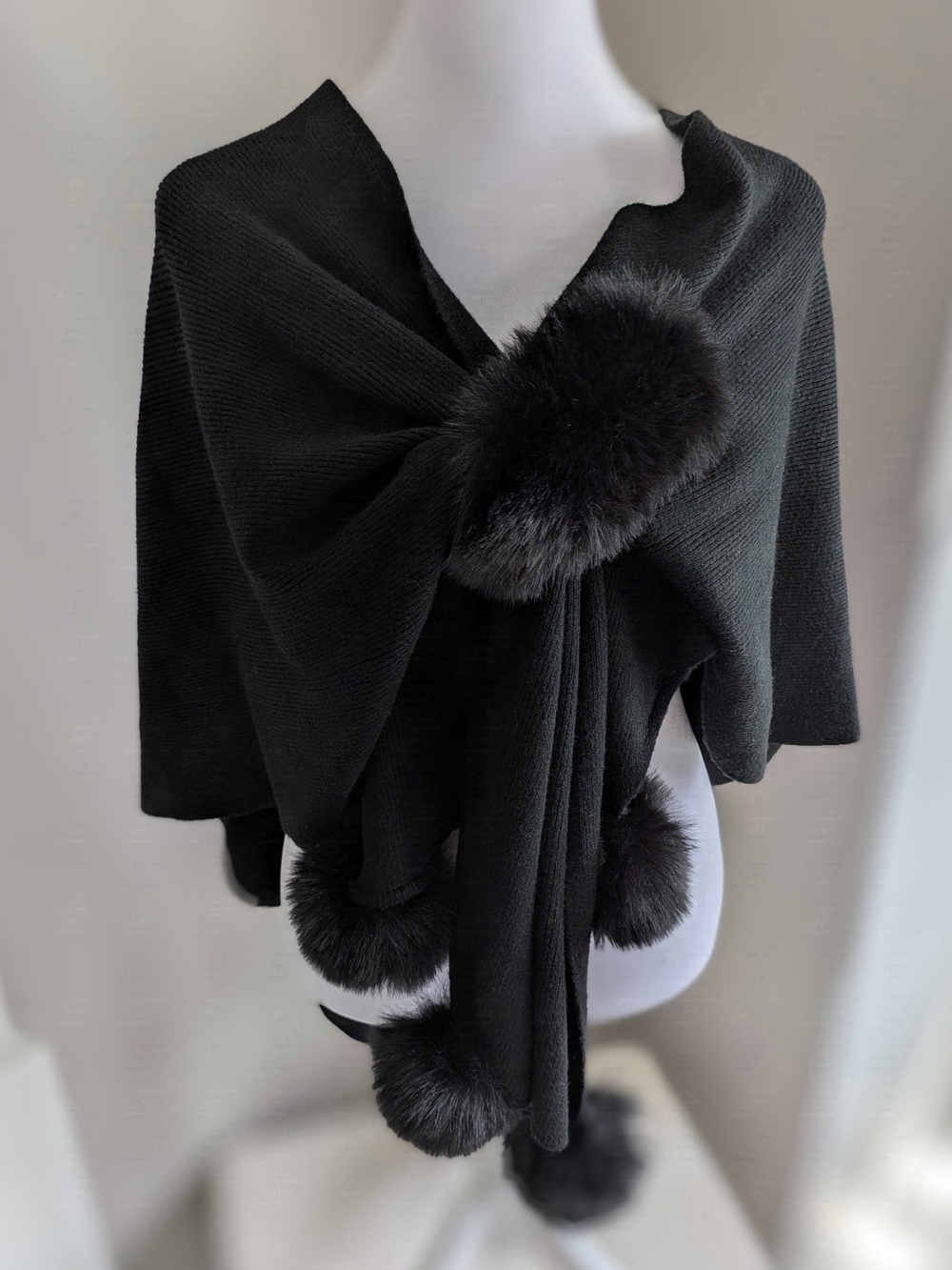 Black Faux Fur Pom-Trim Knit Wrap-One Size